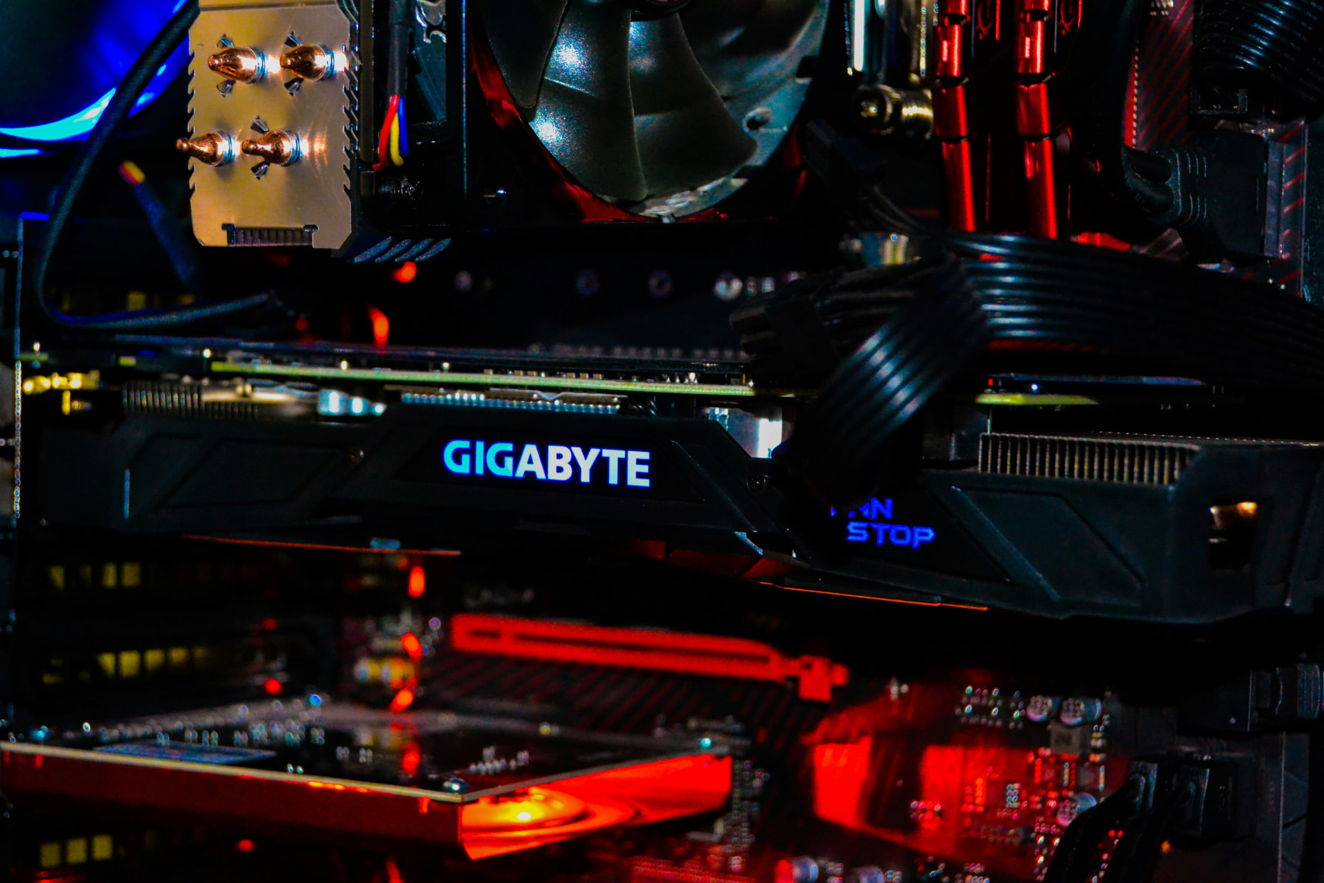 Close-up of a Gigabyte graphics card installed in a performance desktop computer