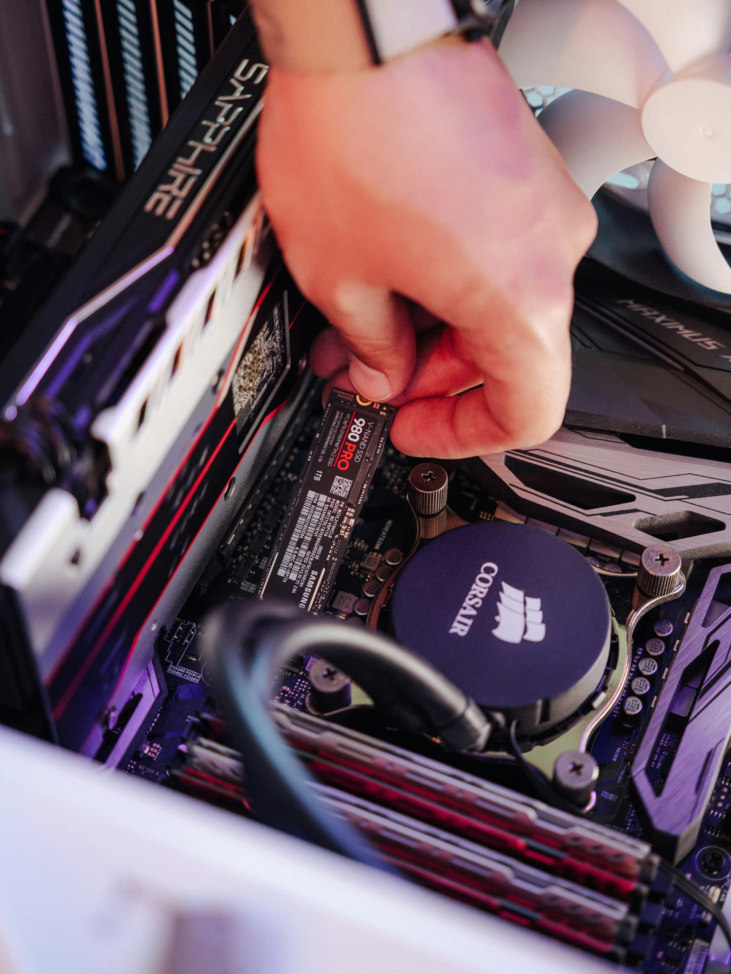 Solid-state drive installation inside a custom desktop computer